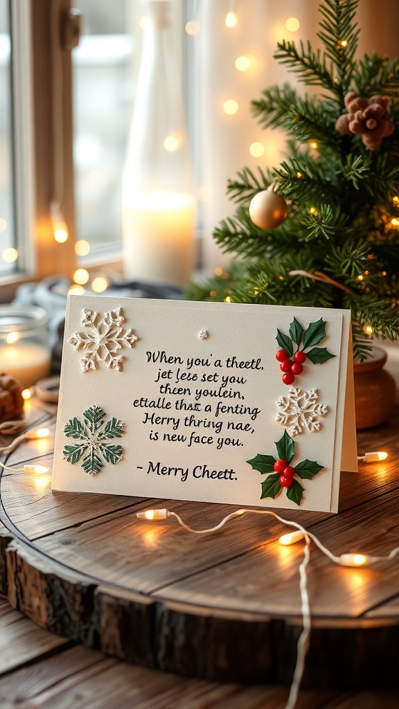 Heartfelt Christmas Card Notes A festive Christmas card with snowflakes and holly on a wooden table with fairy lights.